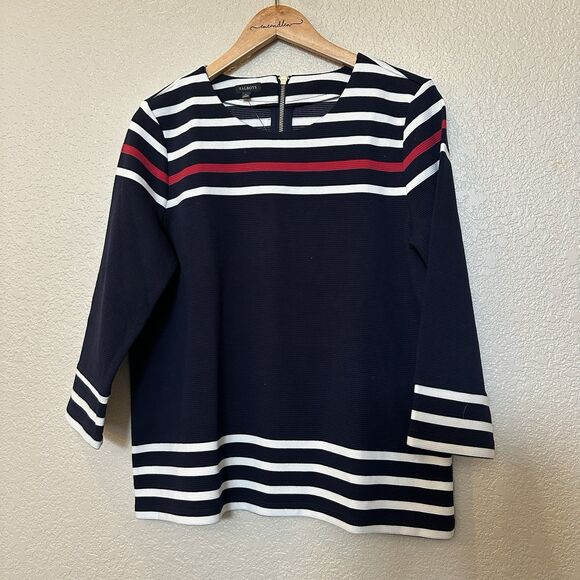 Talbots Striped Navy Blue Red White Striped Top Exposed Gold Back Zipper Women L - Picture 1 of 4